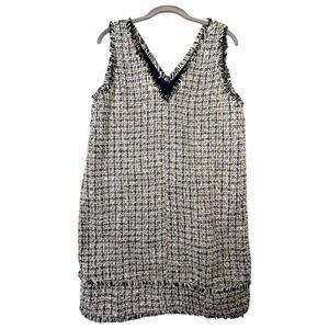 New Ann Taylor LOFT Tweed Sleeveless Dress Tiered Fringe Blk/Wht/Gol Metallic 10
